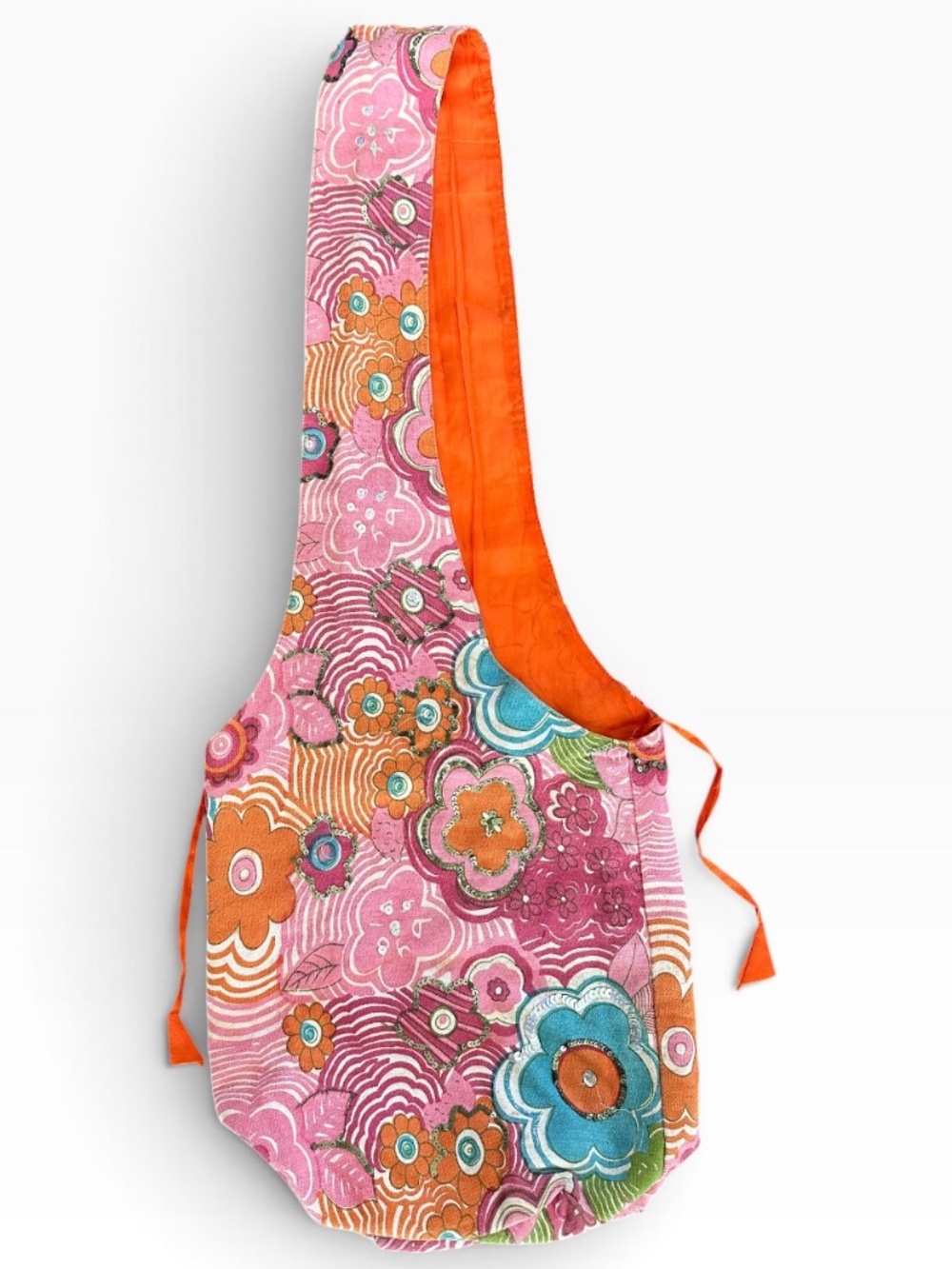 VTG Boho Floral Sequin Sling Shoulder Bag Reversible Yoga Mat Carrier Tote Pink